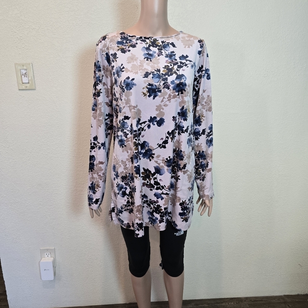 Pure Jill Sz Lg Pink Floral Print Velour Velvet Tunic Top Blouse Womens POCKETS!